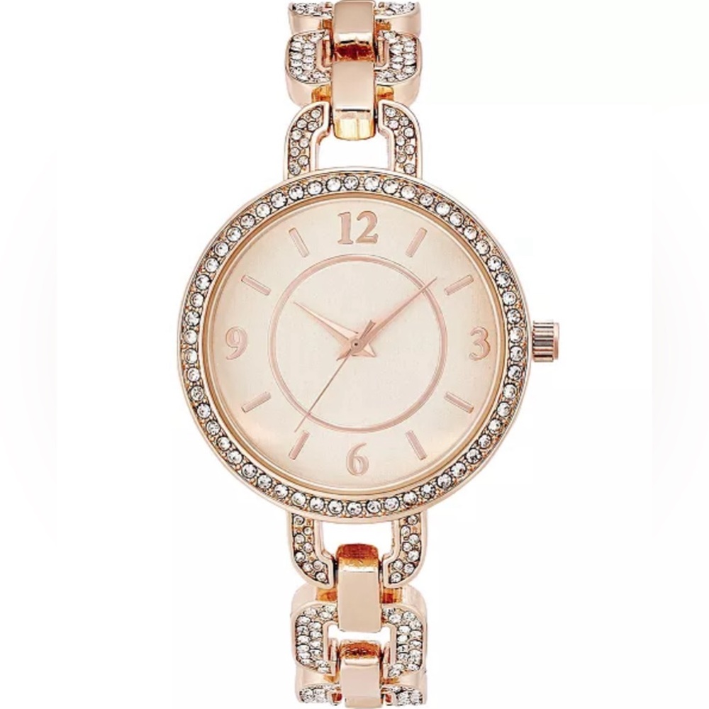 EUC Charter Club Womens Rose Gold-Tone Crystal Bracelet Watch 32mm